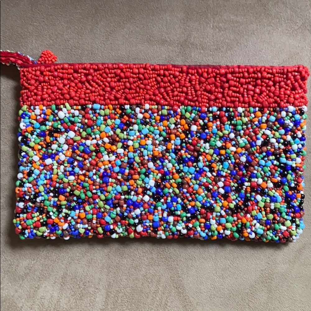 Vintage YKK Beaded Red & Multicolored Purse